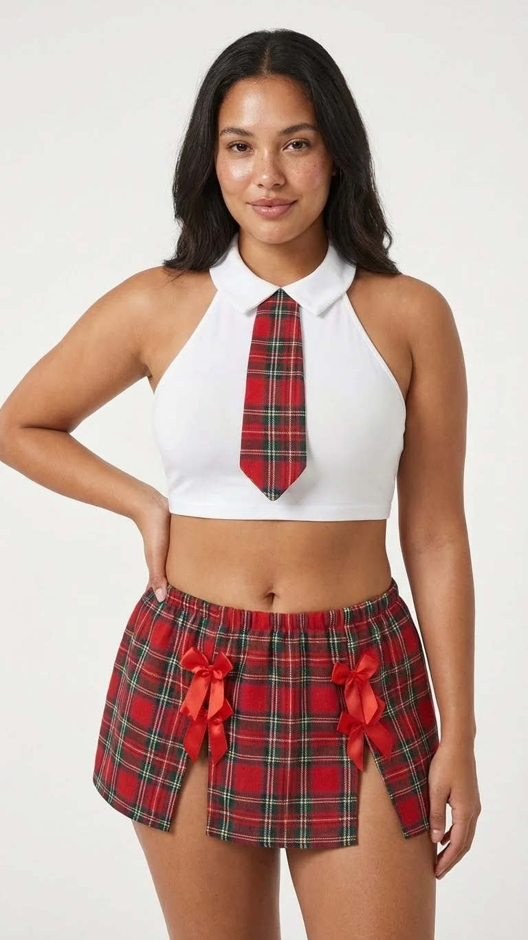 LunaIntim Plus Size Kırmızı Kareli Kostüm Set Boyundan Bağlamalı Büstiyer Takım - Model Üzerinde